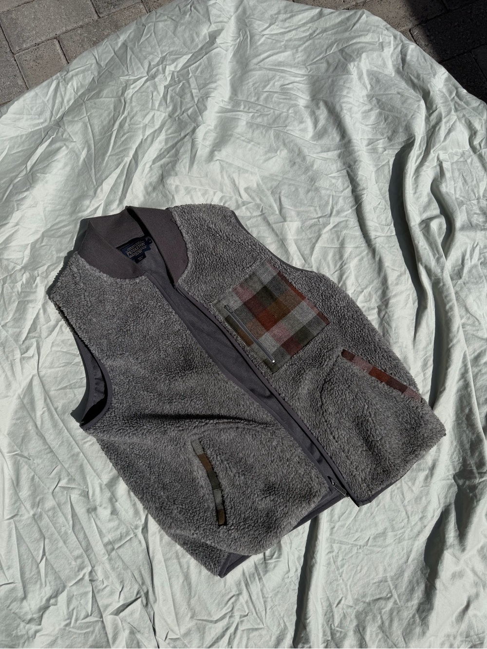 Pendleton Gray Sherpa Vest with Plaid Chest Pocket